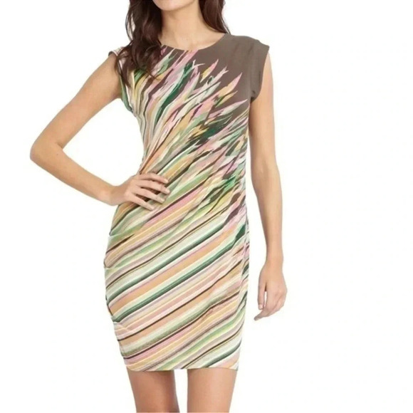 BCBGMAXAZRIA | Women's Size S Small  Dress Stripe Print Ruched Side Brown Multi - Picture 10 of 10